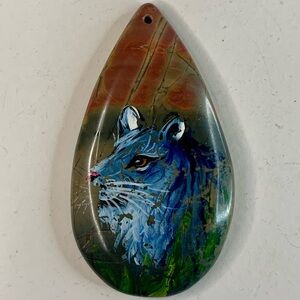 Hand Painted Stone Animal Pendant Red Creek Jasper Teardrop W Blue Tiger Cat 2.5